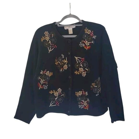 Dress Barn Black Beaded Floral Bouquets Boxy Holiday Cardigan Sweater Size Large - Picture 1 of 13